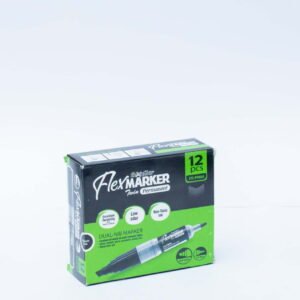 Flexoffice FlexMarker Twin Permanent Marker | Dual Nib 6.0mm & 1.5mm | Permanent Ink | Low Odor | Non-Toxic | Black | Pack of 12